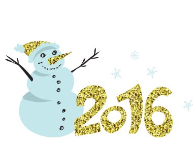 Happy New 2016 year poster sparkle template. Stylish golden glitter greeting card background. Decorative holiday shiny backdrop. New Years invitation with happy snowman. Vector Christmas design