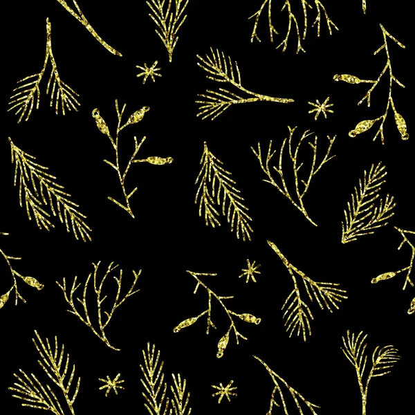 Shiny gold sparkles seamless Christmas pattern. Tile vector background. Winter wallpaper. Wrapping paper texture. Repeating sparkle glitter floral holiday backdrop with pine tree berries and twigs — ストックベクタ