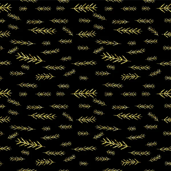 Negro brillante dorado sin costuras patrón de gráficos vectoriales simples. Azulejo de Navidad brillo brillo fondo con pino. Textura de papel de envolver. ¡Feliz Navidad! Repetir fondo floral oscuro — Vector de stock