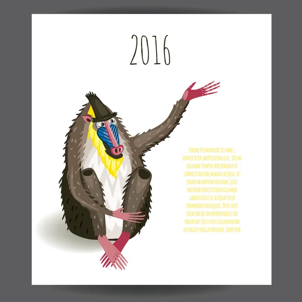 Ano Novo 2016 do macaco. Cartão postal decorativo com macaco nariz azul. Mandrill com melhor sabedoria no ano novo. Festa vetor cartaz ilustrado. Envelope, modelo de design de convite . — Vetor de Stock