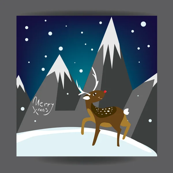 Buon Natale! Cartolina natalizia design con cervi e montagne. Modello di poster. Vettore. Elegante sfondo biglietto di auguri. Decorativo sfondo vacanza. Invito alla festa — Vettoriale Stock