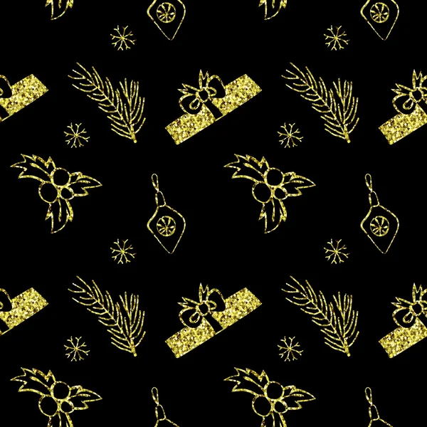 Seamless vector Christmas golden glitter texture. Tile backdrop with pine tree, gift box, christmas decoration, holly berry, snowflakes. Simple style pattern background with holiday elements. — Stockvector