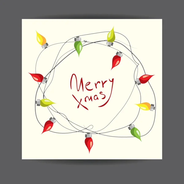 Merry Christmas! Vector illustrated greeting card with electric lamp garland. Colorful holiday party poster design. Decorative invitation template. Multicolor lighting bulb backdrop. — ストックベクタ