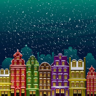 Kar altında küçük bir kasaba. Eski evleri gece Noel arifesi. Vektör resimli tebrik kartı, kartpostal, davet, örtme, afiş arka plan. Mutlu Noeller ve mutlu tatiller!