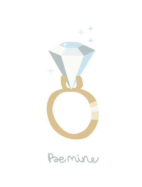 Mijne. Valentijnsdag kaart met een Diamond ring. Originele vectorillustratie. Eenvoudige naïef ontwerp. — Stockvector