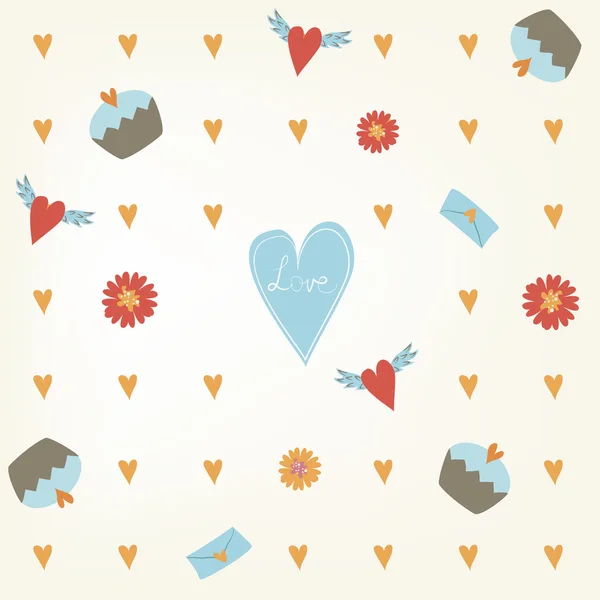 Sweet seamless Valentine's Day pattern. Tile background with hearts cupcakes and flowers. Hand drawn wrapping paper texture — 스톡 벡터