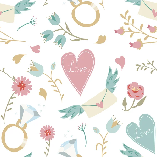 Seamless Valentine background. Tile love pattern. Vector illustrated sweet wrapping paper texture with hearts, flowers, diamond ring and love mail — Wektor stockowy