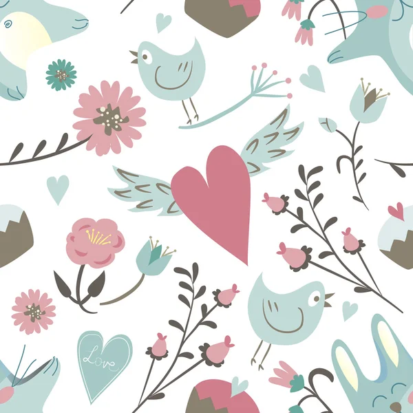 Seamless Valentine background. Tile love pattern. Vector sweet wrapping paper texture with hearts, flowers, cakes and bunny. — Stock vektor