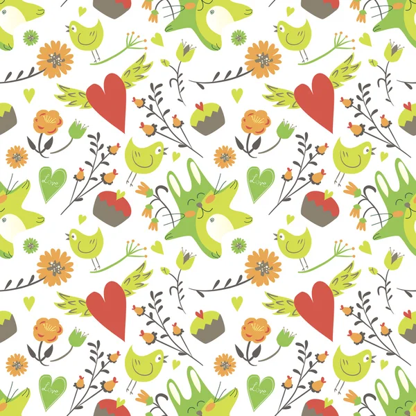 Fond sans couture Saint-Valentin. Modèle d'amour carrelage. Vector a illustré la texture du papier d'emballage sucré avec des cœurs, des fleurs, du courrier d'amour et du lapin. Rouge et vert — Image vectorielle