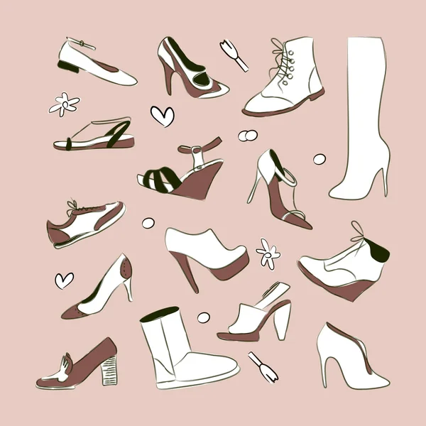 Women`s shoes set. Vector illustrated pink girls foot wear collection — Stock Illustration Women`s shoes set. Vector illustrated pink girls foot wear collection Royalty Free Stock Vectors