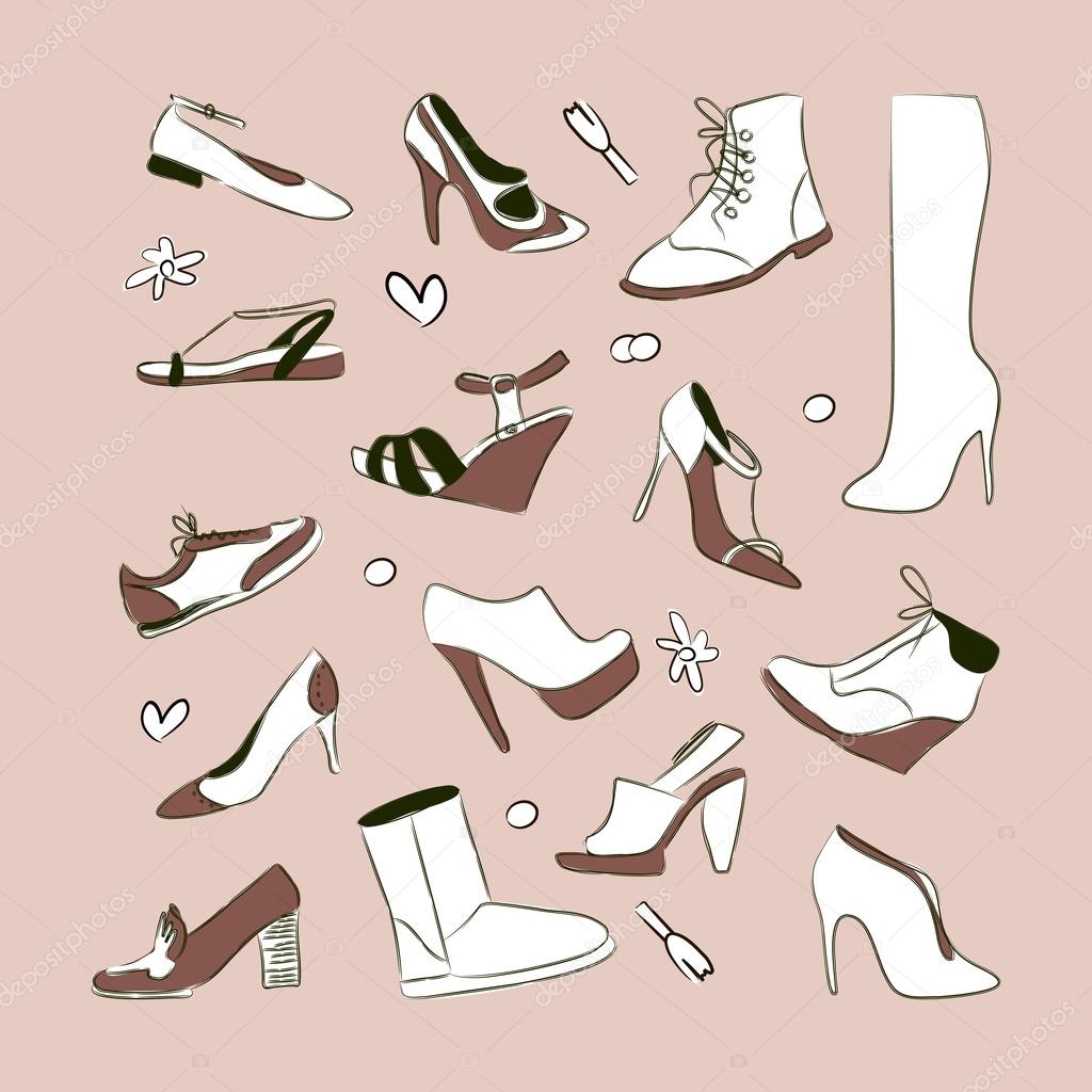 Women`s shoes set. Vector illustrated pink girls foot wear collection