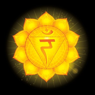 Solar plexus Chakra (Manipura). Glowing chakra icon . The concept of chakras used in Hinduism, Buddhism and Ayurveda. For design, associated with yoga and India. Vector illustrated clipart