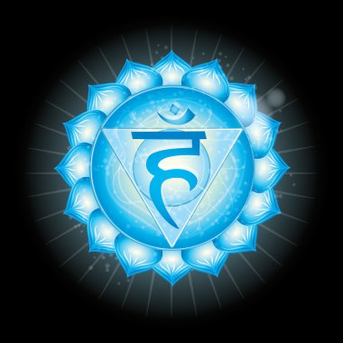 Throat Chakra (Vissudha).  Glowing chakra icon . The concept of chakras used in Hinduism, Buddhism and Ayurveda. For design, associated with yoga and India. Vector illustrated