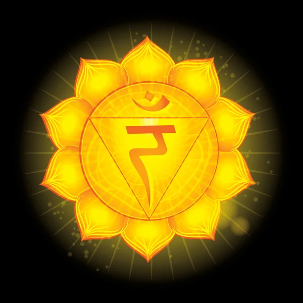 Solar plexus Chakra (Manipura). Glowing chakra icon . The concept of chakras used in Hinduism, Buddhism and Ayurveda. For design, associated with yoga and India. Vector illustrated — Stok Vektör