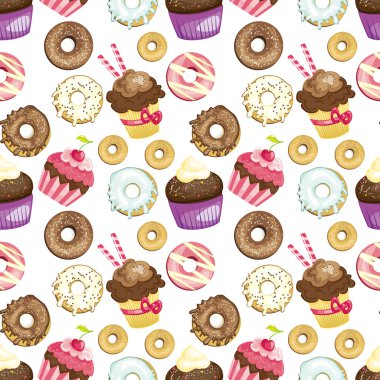 Farklı tatlılar ve tatlılar ile sorunsuz arka plan. kiremitli donuts ve cupcakes desen. Şirin kağıt doku sarma. Resimli vektör