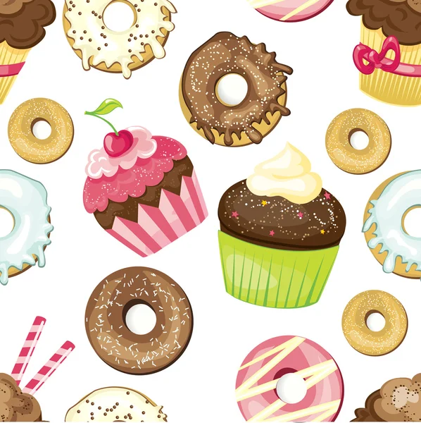 Fundo sem costura com diferentes doces e sobremesas. donuts azulejos e cupcakes padrão. Textura de papel de embrulho bonito. Vetor ilustrado — Vetor de Stock