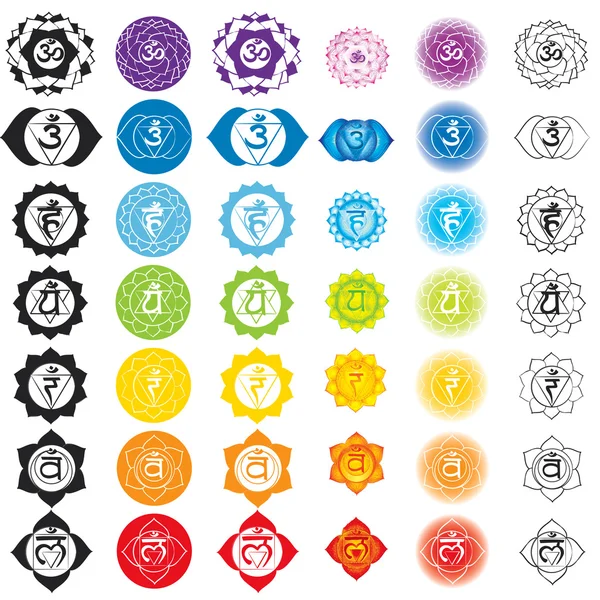 Ícones de chacras. Conceito de chakras usado no hinduísmo, budismo e ayurveda. Para o projeto, associado com ioga e Índia. Vetor Sahasrara, Ajna, Vissudha, Anahata, Manipura, Svadhisthana, Muladhara — Vetor de Stock