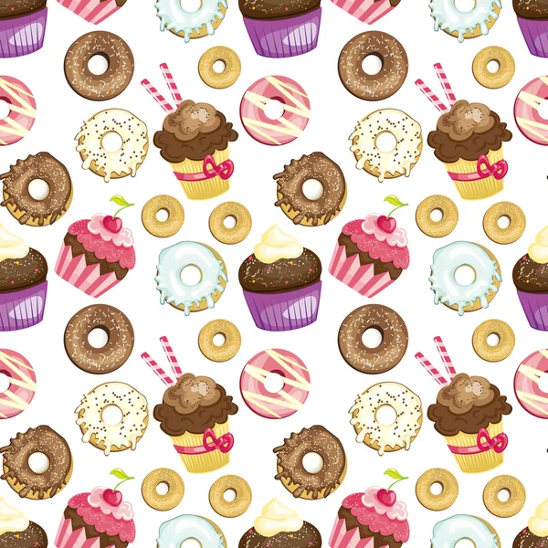 Fondo sin costuras con diferentes dulces y postres. rosquillas de azulejos y cupcakes patrón. Linda textura de papel de embalaje. Vector ilustrado — Vector de stock