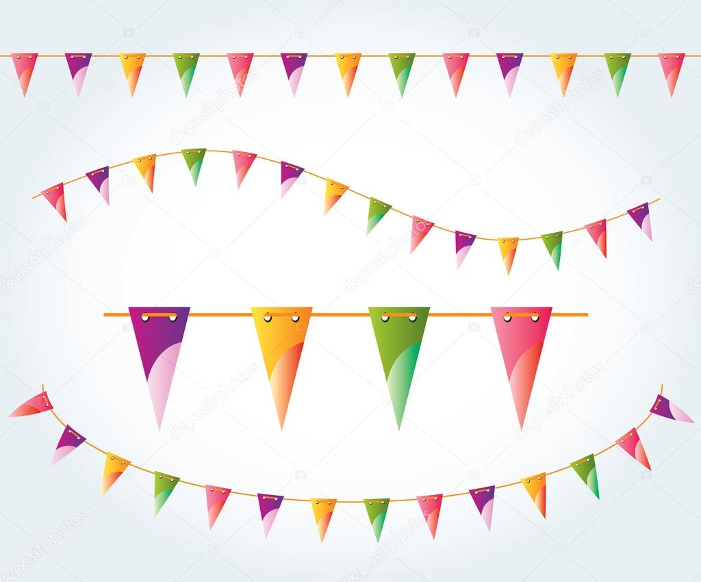 Vector illustrated flag garland set. Triangle flags on the rope. Pastel party decoration