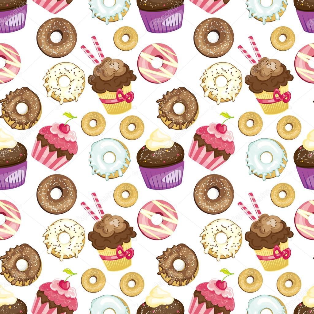 Seamless background with different sweets and desserts. tiled donuts and cupcakes pattern. Cute wrapping paper texture. Vector illustrated