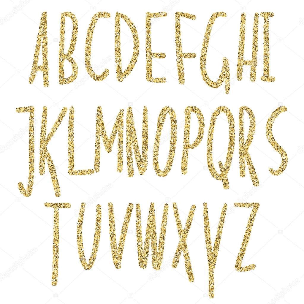 Gold glitter sparkling alphabet. Decorative golden luxury letters . Shiny glam abstract abc.   Goden glitter text good for sale, holiday, voucher, shop, present, gift, header, wedding sparkle design