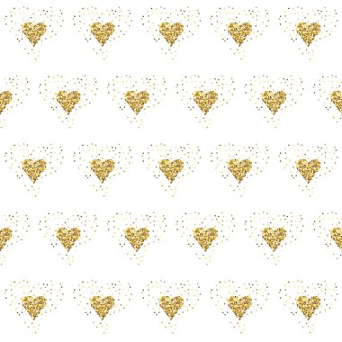 Beyaz altın glitter kalpler. Kiremitli arka plan. Sonsuz tinsel parlak zemin. Lüks seamless Sevgililer günü altın modeli. Kağıt doku sarma vektör