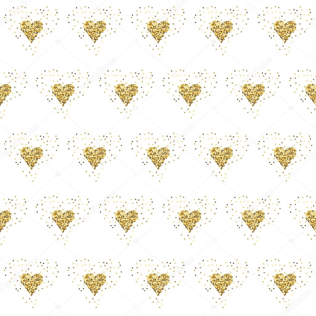 Golden glitter hearts on white. Tiled abstract background. Endless
