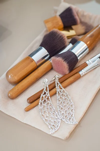 Various makeup brushes on light background with copyspace Royalty Free Stock Images
