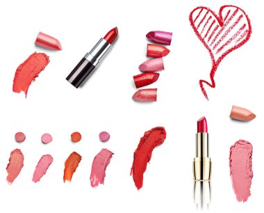 Beyaz arka planda çeşitli ruj ve kalp şekilleri koleksiyonu. Her biri ayrı ayrı çekiliyor.