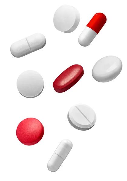 Verzameling Van Verschillende Witte Rode Pillen Witte Achtergrond — Stockfoto