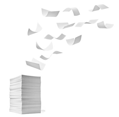 Beyaz arkaplanda bir yığın kağıt ve uçuş kağıtlarını kapat