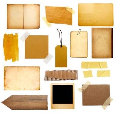 Çeşitli antika kağıt koleksiyonu, bant, fiyat etiketi, beyaz arkaplanda tahta tabela
