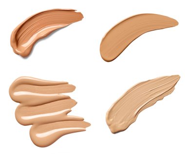 Güzellik sıvısı tozu koleksiyonu beyaz arka planda makyaj darbeleri. Her biri ayrı ayrı çekiliyor.