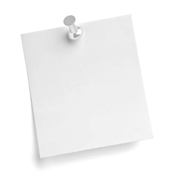 Κλείσιμο Ενός Εγγράφου Σημειώσεων Μια Καρφίτσα Ώθησης Λευκό Φόντο — Φωτογραφία Αρχείου