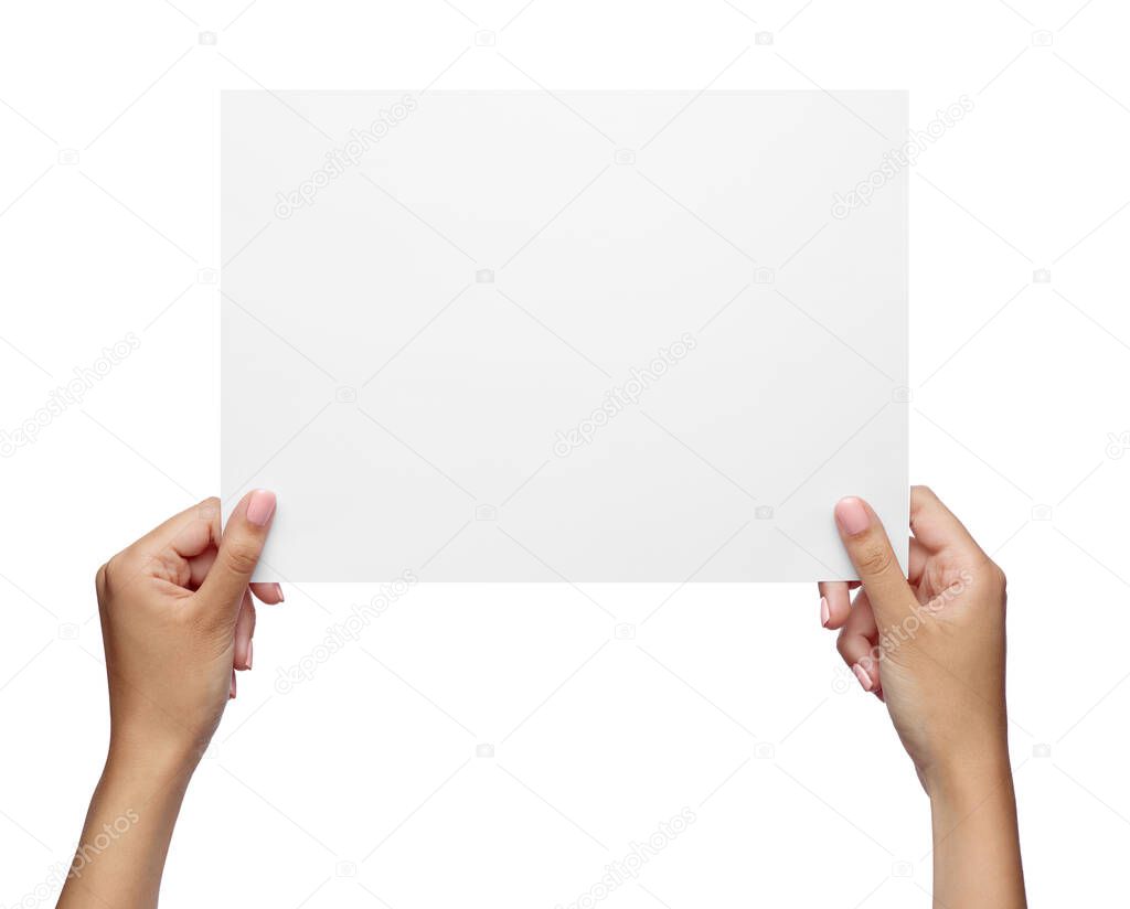 close up of  a female hand holding blank note card sign on white background
