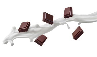 Çikolata parçalarını ve beyaz arka plandaki sütü kapat.