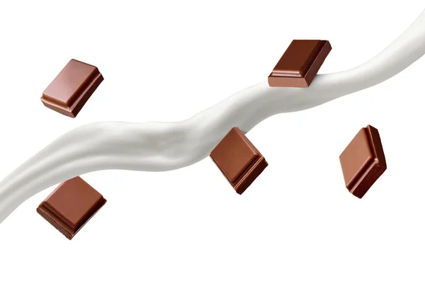 Nahaufnahme Von Schokoladenstücken Und Milch Auf Weißem Hintergrund — Stockfoto