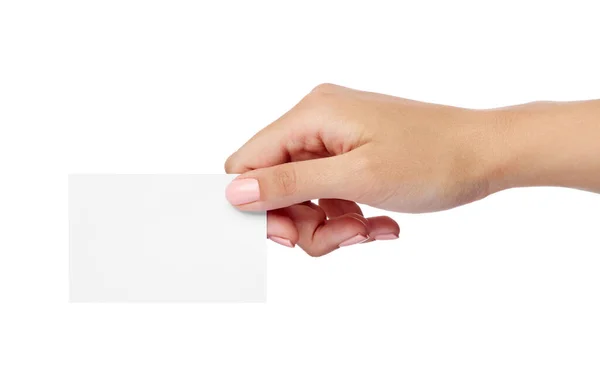 Close Van Een Vrouwelijke Hand Met Blanco Briefje Kaart Teken — Stockfoto