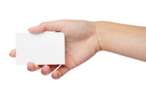 Close Female Hand Holding Blank Note Card Sign White Background — Stock fotografie