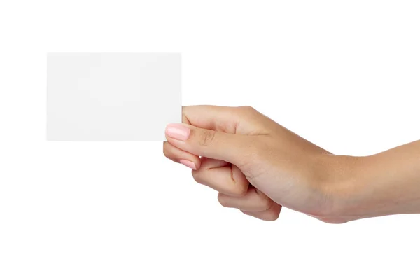 Fechar Uma Mão Feminina Segurando Sinal Cartão Nota Branco Fundo — Fotografia de Stock