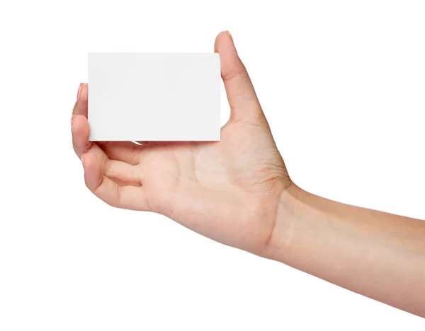 Close Female Hand Holding Blank Note Card Sign White Background — Stok Foto