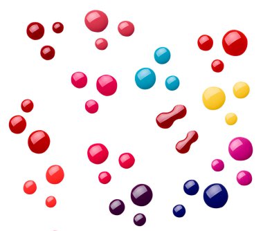 Beyaz arkaplanda çeşitli oje damlaları ya da boya damlaları koleksiyonu