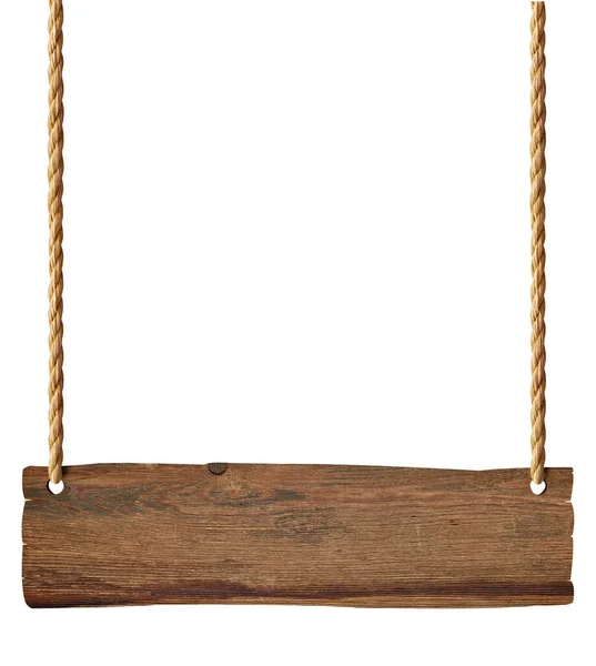 Houten Blanco Bord Opknoping Met Ketting Touw Witte Achtergrond — Stockfoto