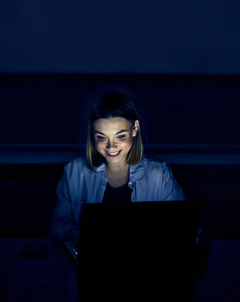 Portrait Young Woman Looking Monitor Night Glowing Light — Stock Photo, Image