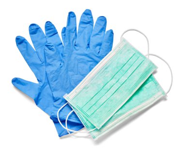 Beyaz arka planda koruyucu maske ve eldivenleri kapatın.