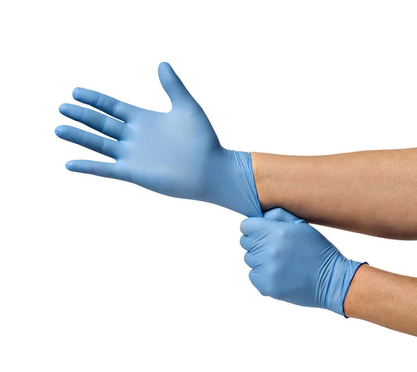 Close Van Een Hand Met Blauwe Latex Beschermende Handschoenen Witte — Stockfoto