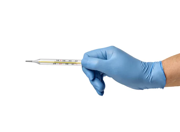 Close Hand Blue Latex Protective Gloves Holding Thermometer White Background — Stock Photo, Image