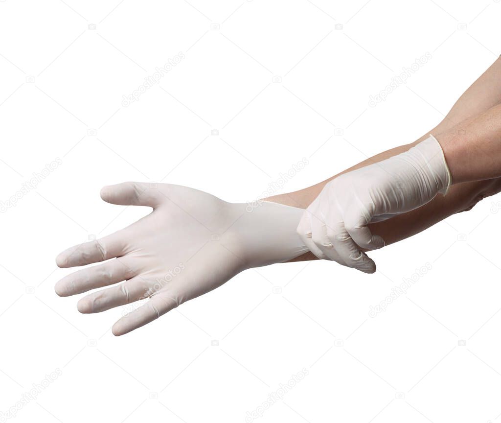 close up of a hand with white latex protective gloves on white background