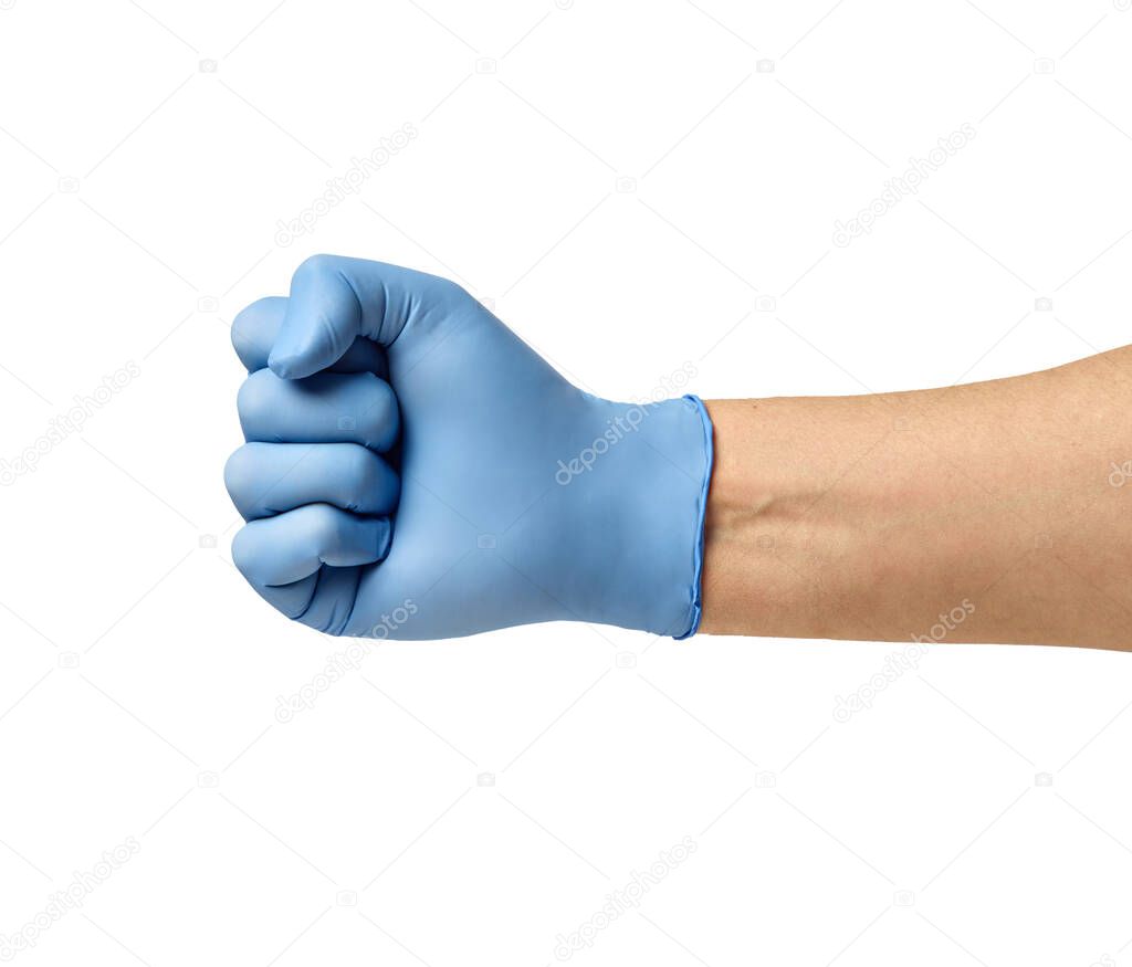 close up of a hand fist with blue latex protective gloves on white background