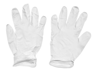 Beyaz arka planda beyaz lateks koruyucu eldivenleri kapatın.